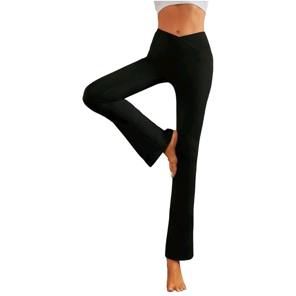 NWT Lemonsky Women's V Cross Flare Yoga Pants XL Black Crossover Waist Leggings